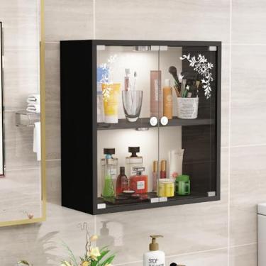 Imagem de Armário de parede de madeira preta com portas de vidro transparente, unidade de armazenamento de exibição de 2/3 camadas, decoração que economiza espaço para casa, escritório, banheiro, sala de jantar