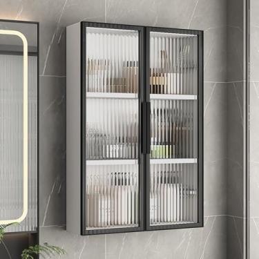 Imagem de Armário de parede de banheiro de madeira sobre vaso sanitário com portas de vidro - Organizador de armazenamento de madeira maciça para banheiro, quarto, cozinha - Armário de medicamentos versátil e