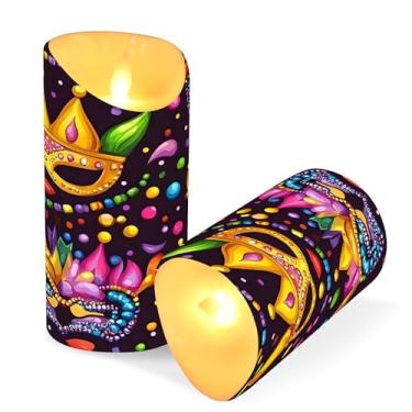 Imagem de SEHANY Máscara de carnaval velas sem chama com controle remoto e temporizador, 2 peças de velas de pilar de LED cintilantes operadas por bateria para decoração de festa de casamento, dia dos namorados