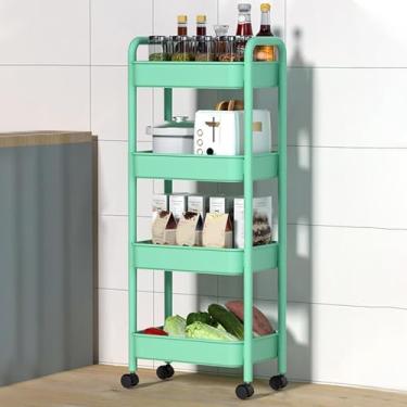 Imagem de Carrinho de armazenamento verde de 4 níveis - Carrinho organizador de cozinha e banheiro com alça e rodas bloqueáveis para espaços pequenos, carrinho utilitário para casa e escritório
