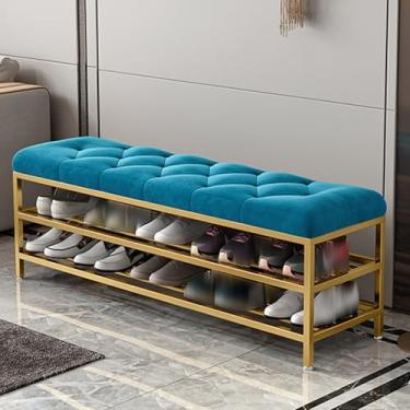 Imagem de Banco organizador de sapatos com almofada otomana, soluções de armazenamento de entrada estofada, armazenamento de sapatos com moldura de metal para sala de estar, corredor, mudroom, entrada (azul
