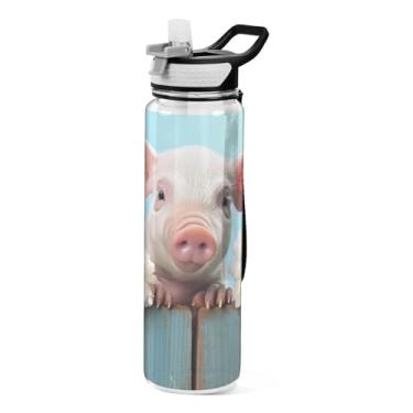 Imagem de Burbuja Garrafa de água Cute Pig de 940 ml com tampa de palha, à prova de vazamento e livre de BPA para academia, esportes ao ar livre
