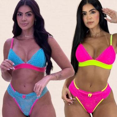 Imagem de Kit 2 Conjuntos Lingerie Sem Bojo Neon Chiara Tamanho:PCor:Rosa Neon V
