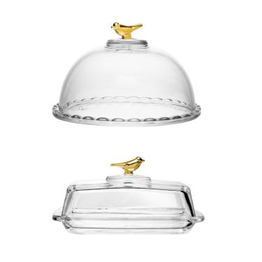 Imagem de Kit Queijeira e Manteigueira Golden Bird para Servir Mesa em Cristal com Detalhes Dourados Transparente Wolff
