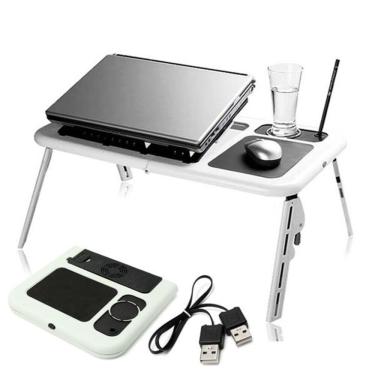 Imagem de Mesa para Notebook E-Table Cooler com 2 Ventiladores USB Regulagem de Altura e Inclinação Dobrável MDF 15mm Branca Yeet