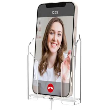 Imagem de Crpich Suporte de telefone montado na parede, suporte de telefone acrílico com fitas transparentes 3M, suporte de telefone transparente com orifício de carregamento reservado, compatível com iPhone e