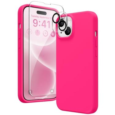 Imagem de GONEZ Capa de silicone líquido compatível com iPhone 15, capa de silicone líquido com [3 protetores de tela + 3 projetores de lente de câmera], forro de microfibra macio antiarranhões à prova de choque capa protetora para telefone de 6,1 polegadas, rosa vermelha