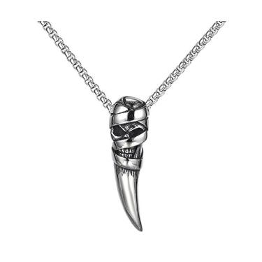 Imagem de Colar masculino com dentes de lobo de crânio, hip hop, crânio, dente de lobo, pirata viking nórdico, pingente de cabeça de pirata viking com corrente de 50 cm, Aço inoxidável, não
