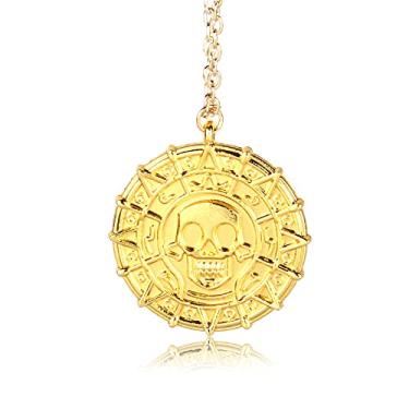 Imagem de Yissw Colar com pingente de moeda redonda de ouro e crânio, acessório, filme, piratas do Caribe, medalha, colar retrô, Metal, Liga metálica.