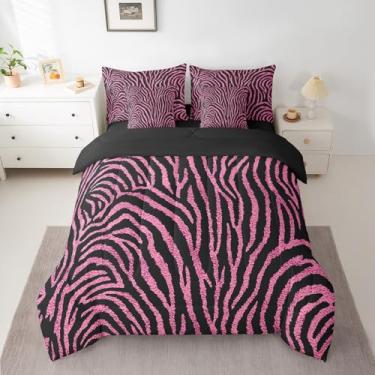 Imagem de Castle Fairy Jogo de cama casal com listras de zebra, rosa, 7 peças, estampa de zebra, 1 edredom, 2 fronhas, 2 fronhas, 1 lençol de cima, 1 lençol com elástico, roupa de cama com pele de animal
