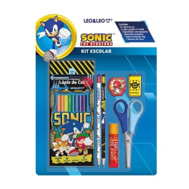 Imagem de Kit Escolar Sonic 12 Lápis de Cor + Lápis Grafite Estampado + Apontador + Borracha + Cola + Tesoura - Leo&Leo