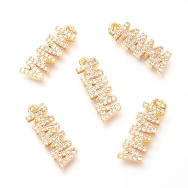 Imagem de FASHEWELRY 5 peças de berloques de latão banhado a ouro 18 K MAMA para fazer joias, presentes de dia das mães, pingentes de amor com anel de salto para mulheres, 20,8 x 6,9 x 1,9 mm