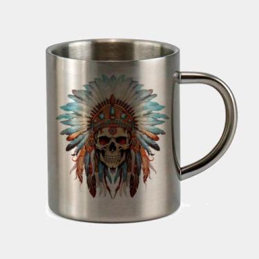 Imagem de Caneca de Inox Premium Prateada 400ml CAVEIRA APACHE INDIO PENAS - Cri