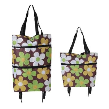 Imagem de Vikooyes Sacola de compras dobrável com rodas, sacola de compras grande e reutilizável, carrinho dobrável (flor marrom, grande)