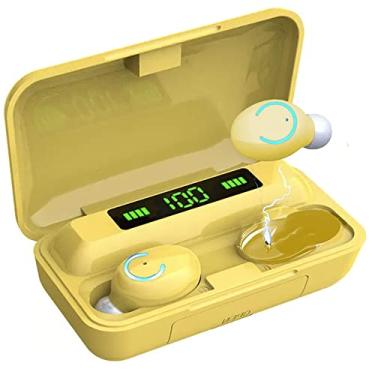 Imagem de eDealz Fones de ouvido 5.0 IPX7 à prova d'água com microfone, estojo de carregamento inteligente recarregável, graves estéreo surround potente e cancelamento de ruído passivo (amarelo)