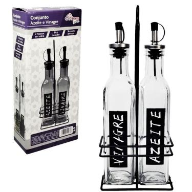 Imagem de Conjunto Galheteiro Para Azeite E Vinagre 2 Garrafas Com Suporte 270ml Em Casa Tem