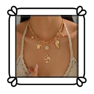 Imagem de DIONFEI Colar requintado com pingente de sol em camadas - Corrente de clipe de papel dourado com pingentes de tartaruga marinha, concha e palmeira - joias femininas de praia de verão