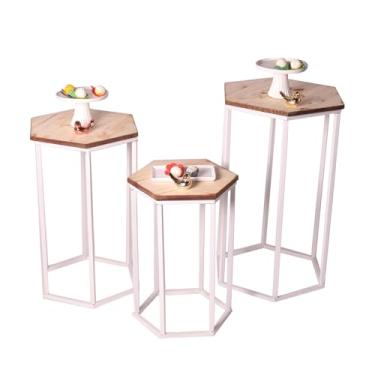 Imagem de Kit 3 Mesas Sextavadas Decorativas, Tampo em Madeira Pinus, Base em Aço Carbono, Desmontável, Tamanhos P/M/G (BRANCO COM PINUS CRU)