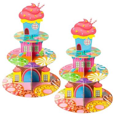 Imagem de AwserTantue Suporte para cupcake Candyland – 2 peças, 3 camadas, torre de cupcake, doce, doce, papelão, donut, pirulito, sorvete, sobremesa, decoração de mesa para meninas, festa de aniversário, chá