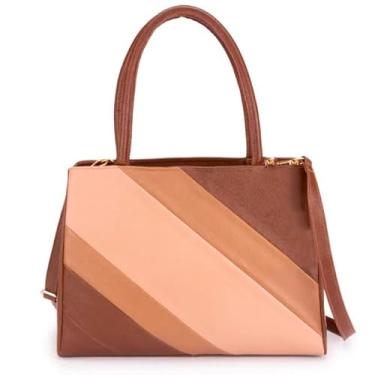 Imagem de Bolsa de Couro Legítimo Feminina com Alça Transversal, Design Listrado em Tons de Marrom e Rosa, Vários Compartimentos