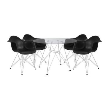 Imagem de Mesa De Jantar Redonda Vidro 90Cm Com 4 Poltronas Pretas Ferro Branco 