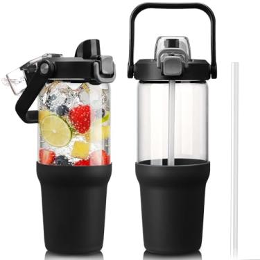 Imagem de HYDRAGLAZIC Copo de vidro com alça de transporte, garrafa de água de vidro transparente com tampa à prova de vazamento, tampa de bico e canudo, livre de BPA, 946 ml, preto