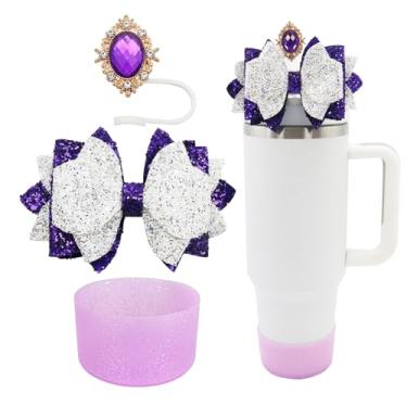 Imagem de Conjunto de 3 peças de acessórios para copo Stanley de 30 e 1,134 g com alça, decoração de canudo de laço fofo e topo de palha de 10 mm, bota de silicone com glitter, acessórios de copo fofos