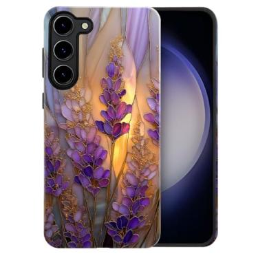 Imagem de heindiy Compatível com Samsung Galaxy S23 Plus, capa brilhante, proteção total, à prova de choque, anti-arranhões, capa de TPU, capas para homem, mulher, vitral, lavanda em flor