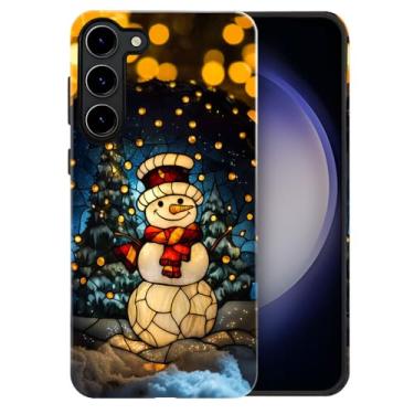 Imagem de heindiy Compatível com Samsung Galaxy S23 Plus, capa brilhante, proteção total, à prova de choque, anti-arranhões, capa de TPU, capas para homem mulher - vintage Natal boneco de neve vitral