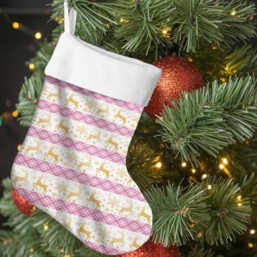 Imagem de Meia de Natal com estampa xadrez de veado e floco de neve, 45,7 cm, listras rosas, decorações de Natal para pendurar em família, festas de fim de ano, lareira
