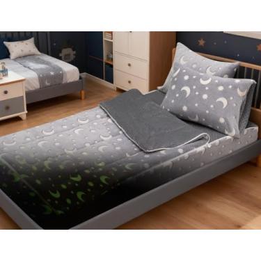 Imagem de A Nice Night Conjunto de edredom de pelúcia com zíper e lua estrela brilha no escuro para crianças, solteiro, cinza