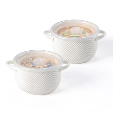 Imagem de Adewnest Tigelas de sopa de cebola francesa: 1,247 g potes de sopa de cerâmica com alças e tampas de silicone - recipientes seguros para micro-ondas para cereais ramen café da manhã preparação de