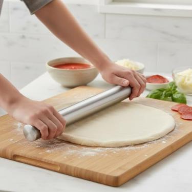 Imagem de Rolo de massa de aço inoxidável liso para assar fondant, pizza, torta, pastelaria, massa, massa, biscoitos – resistente, fácil de limpar, superfície antiaderente 25,4 cm