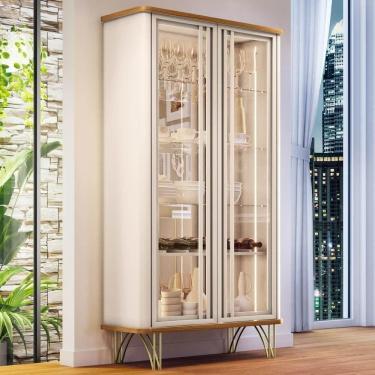 Imagem de Cristaleira De Vidro Com Espelho E Led évora Off White/cinamomo - Hb Móveis