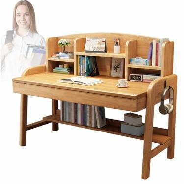 Imagem de Mesa de madeira Soild para computador com cabana, mesa de trabalho de escritório em casa com prateleiras de gaveta, mesa de estudo de escritório em casa, mesa de estudo para espaço pequeno, laptop