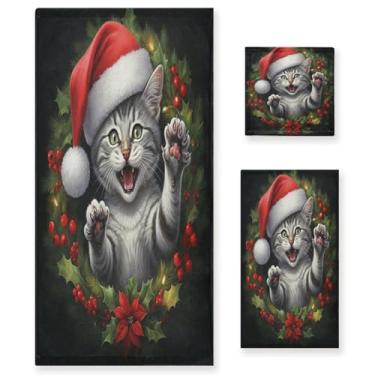 Imagem de Qilmy Conjunto de toalhas de guirlanda de gato de Natal de 3 peças, conjunto de toalhas decorativas de banheiro macias absorventes com toalha de banho, toalha de mão e toalha de banho