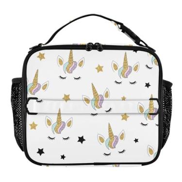 Imagem de Joisal Lancheira Whimsical Unicórnio Branco Desenho Animado Meninas Mulheres Lancheira Crianças Homens Lancheira para Trabalho Bolsa térmica portátil isolada com alça de ombro ajustável