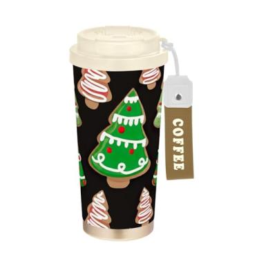 Imagem de TSENQUE Copo de café de viagem de 473 ml com tampa de canudo e filp, revestimento cerâmico isolado a vácuo de aço inoxidável copo de café de viagem à prova de vazamento, árvore de Natal, desenho