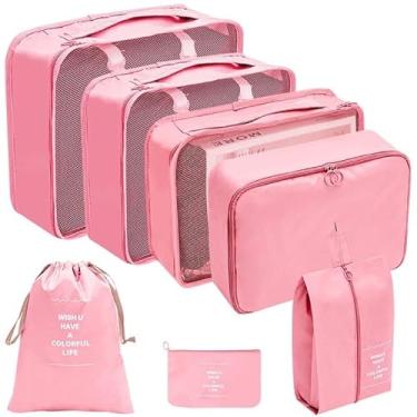 Imagem de Bolsa Organizadoras Para Mala Roupas Bagagem Viagem (Kit 7 Peças Rosa)