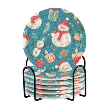 Imagem de Blueangle 6 peças de porta-copos de bonecos de neve de desenho animado para bebidas, porta-copos de tecido redondo super absorvente para mesa de café, proteção de mesa para decoração de casa (189)