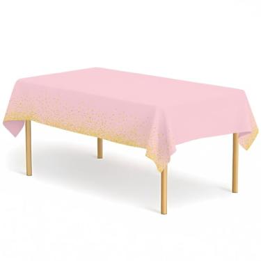 Imagem de CINSOEN Pacote com 2 toalhas de mesa retangulares rosa e douradas, 137 x 272 cm, toalhas de mesa de plástico rosa PEVA para festas, toalha de mesa descartável para formatura, festa de aniversário