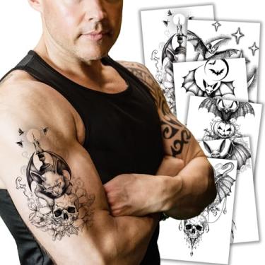 Imagem de 6 folhas de tatuagens temporárias de caveira de Halloween de morcego e abóbora para homens, mulheres e adultos - tatuagens falsas para corpo, braço, peito e ombro adesivos de tatuagem