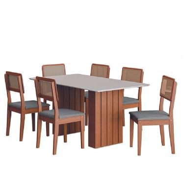 Imagem de Conjunto De Mesa Sala De Jantar Ripada Tampo Com Vidro 1,60m 6 Cadeiras Santiago Dobuê Madeirado / Cinza
