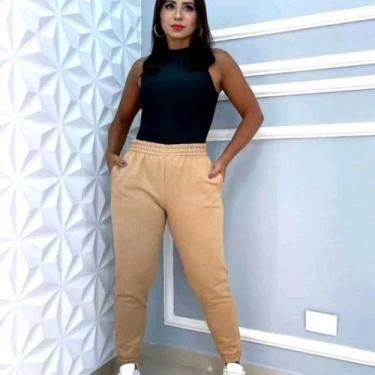 Imagem de Calça Jogger Moletom Bolso Flanelado Feminina Cintura Alta - estacaomi