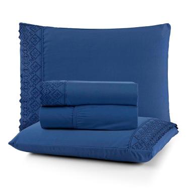 Imagem de Jogo De Lençol Nobre Solteiro 3 Peças Micropercal 200 Fios Bordado Inglês Fino - Azul Galáxia - 100% Poliéster