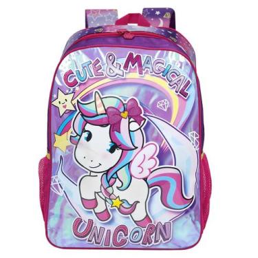 Imagem de Mochila De Alças Unicórnio Escolar Roxo Crianças Meninas Clio Passeio 