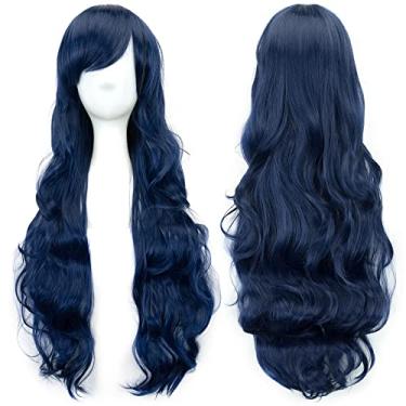 Imagem de IMISSU Peruca cosplay de cabelo natural cacheado longo com franjas coloridas fantasia de Halloween perucas de festa (Azul escuro)