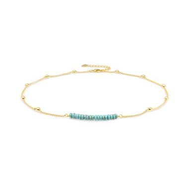 Imagem de PERNNLA PEARL Corrente banhada a ouro 18K com contas de satélite, gargantilha sintética, turquesa, granada, grânulos, bar, colar feito à mão, joia com pingente ajustável para mulheres 40,6 cm + 5 cm