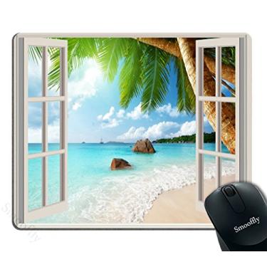 Imagem de Mouse pad gamer personalizado Smooffly, vista maravilhosa do mar, sol, esplendor, palmeira paradisíaca com janelas de madeira branca, 24,13cm x 20,07cm