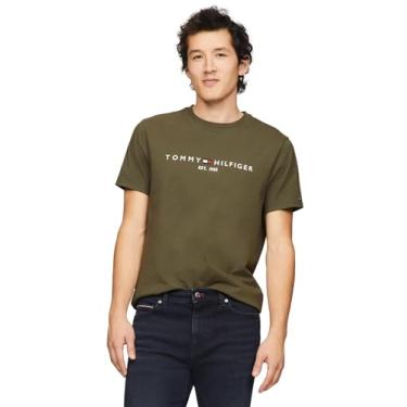 Imagem de TOMMY HILFIGER Camiseta masculina de modelagem regular com logotipo Tommy bordada, gola redonda, coleção 2024, (2024) Verde militar., XXG